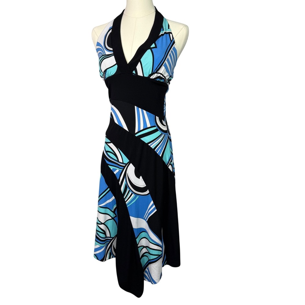Vintage la Belle Halter Midi Dress Blue Black Swirl Geometric Handkerchief Hem M